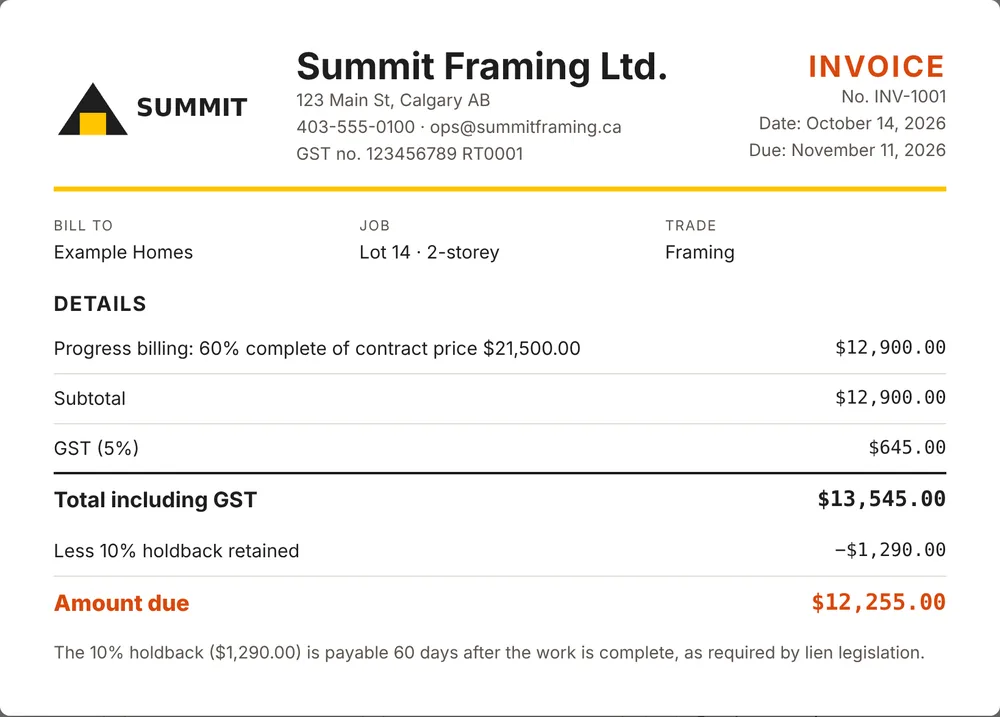 Sample progress invoice showing 60% complete, a change order, GST, 10% holdback and the amount due