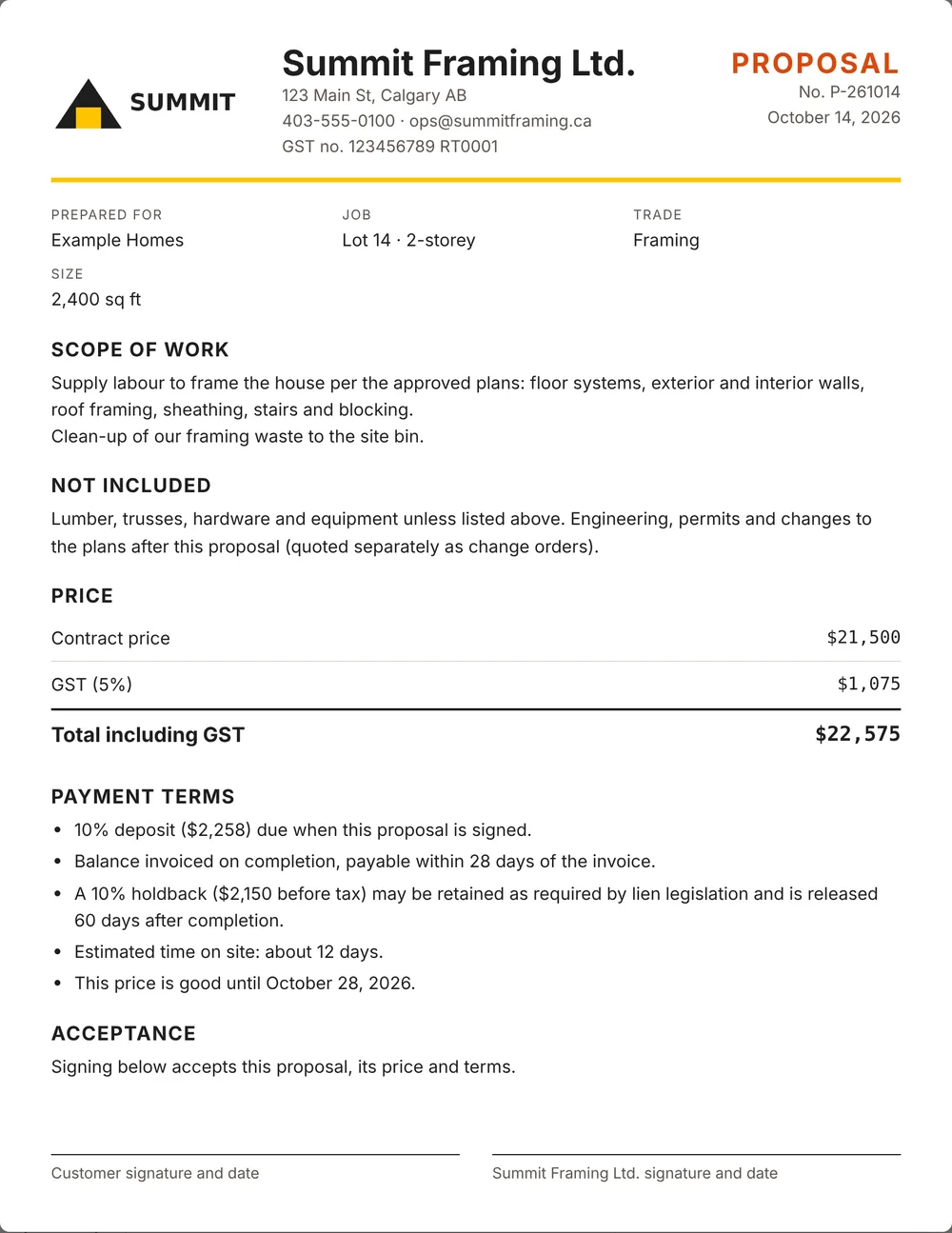 Sample proposal for a framing job with company logo, scope of work, price with GST and payment terms